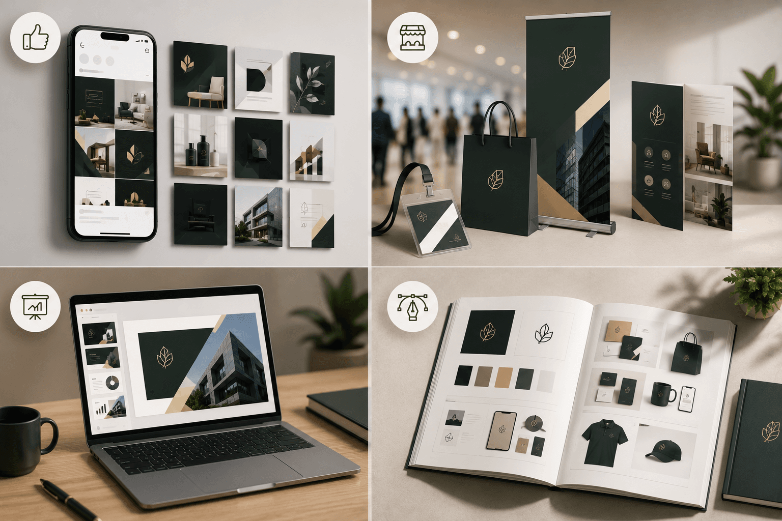 Ejemplos de piezas de diseño gráfico para redes sociales y materiales impresos